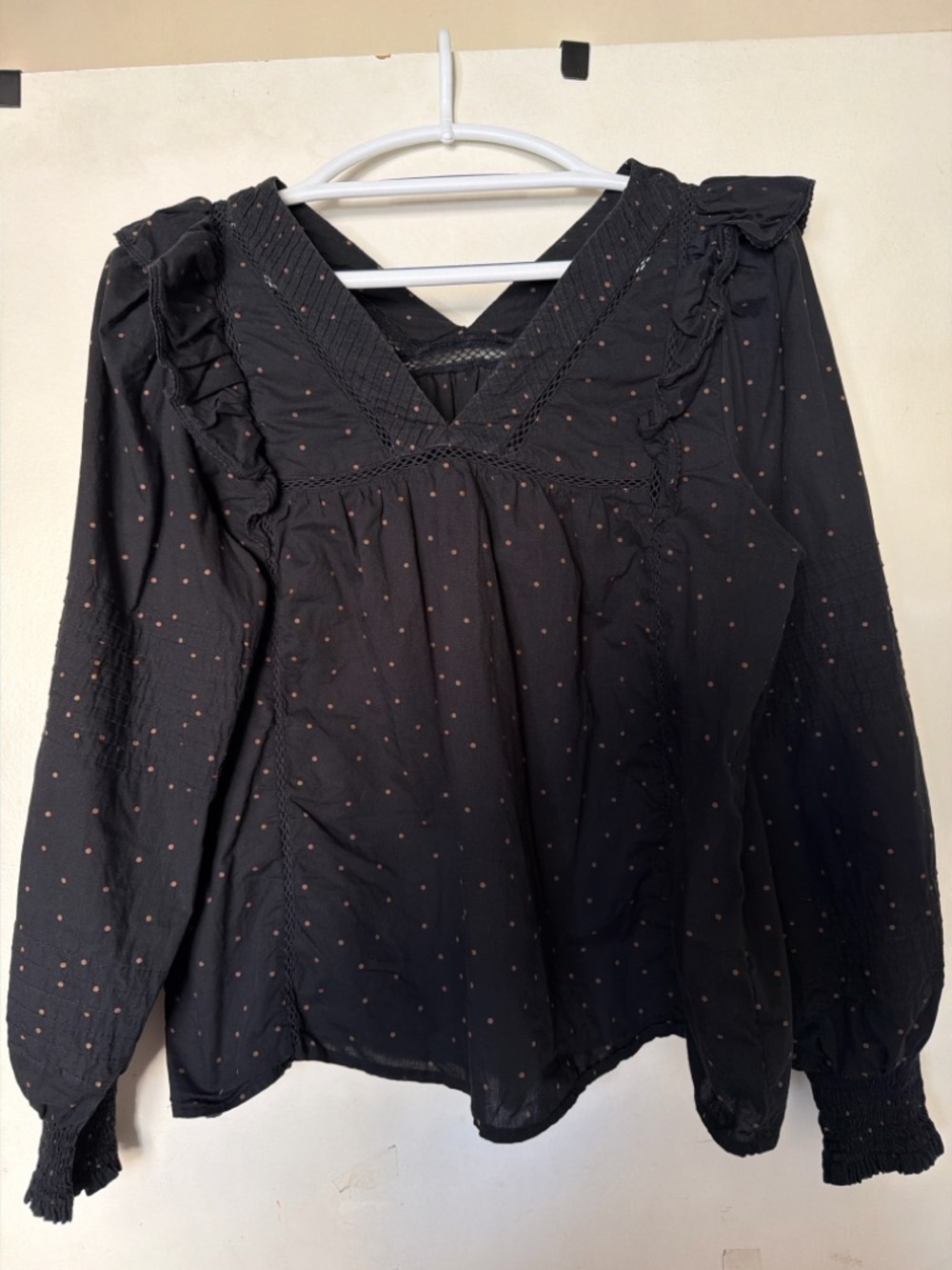 Madewell Black Polka Dot Boho Peasant Blouse Size M